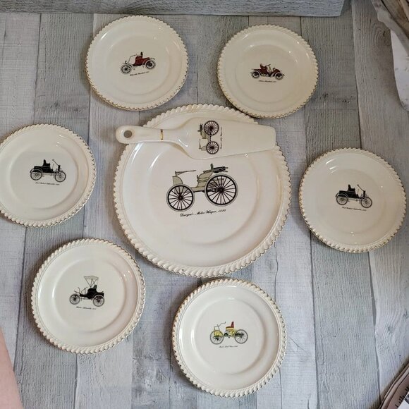 Harker Ware Pottery Made USA Antique Cars Vtg Cake Plate & 6 Dessert Plates - Picture 1 of 8
